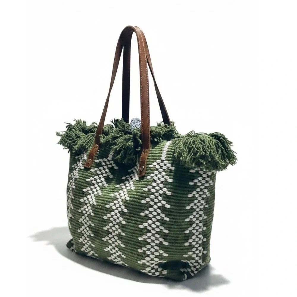Green‎ White Woven Fringe Tote Bag Boho Knit Shoulder Bag with Leather Straps